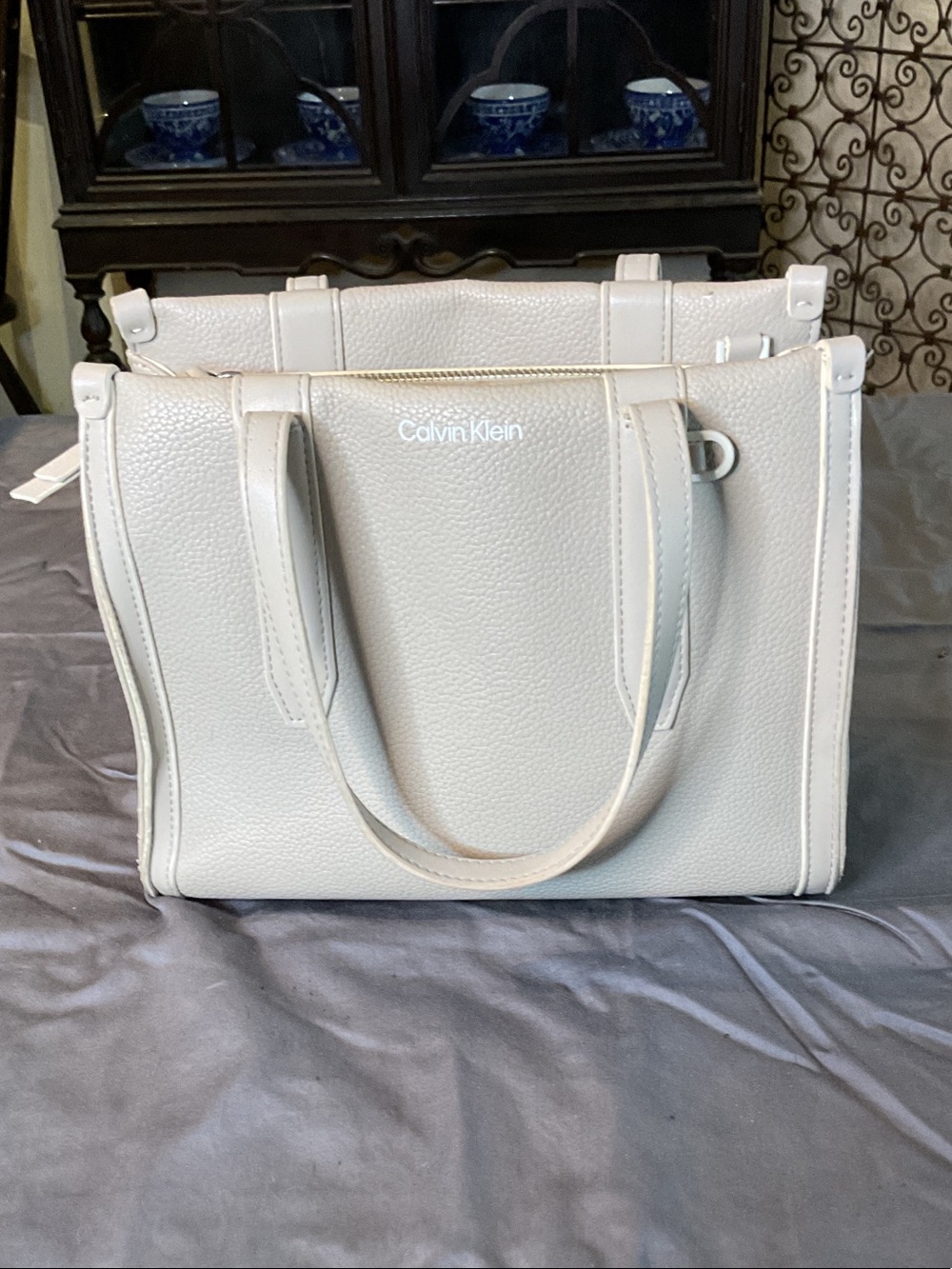 Calvin Klein Light Cream Pebbled Faux Leather Tote